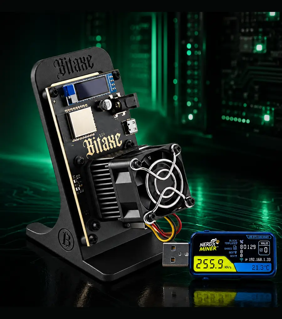 Bitaxe e Bitcoin Miner USB apresentados em um ambiente profissional de mineração Bitcoin